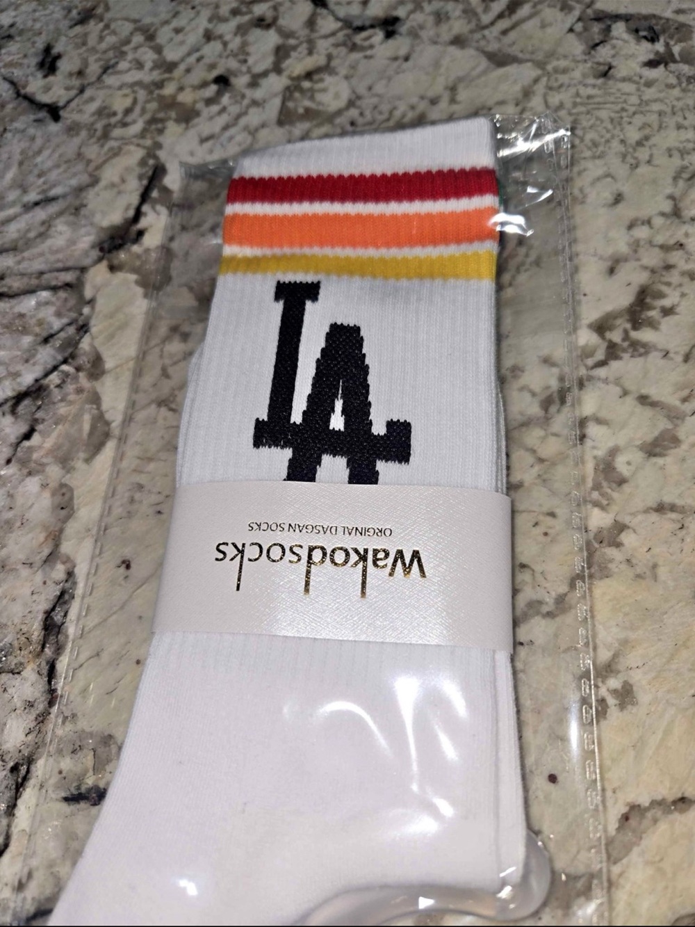 Wakodsocks White Crew Socks LA Logo and Sunset Stripes dodgers
